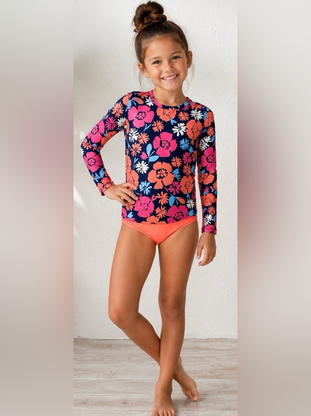 🌺Girls’ Floral Long-Sleeve Rash Guard Swim Set - Navy, Coral & Pink - size Small